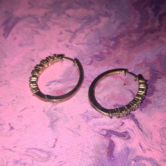 Gold Toned Silver CZ Snap Hooped Earrings - Picture 6 of 9